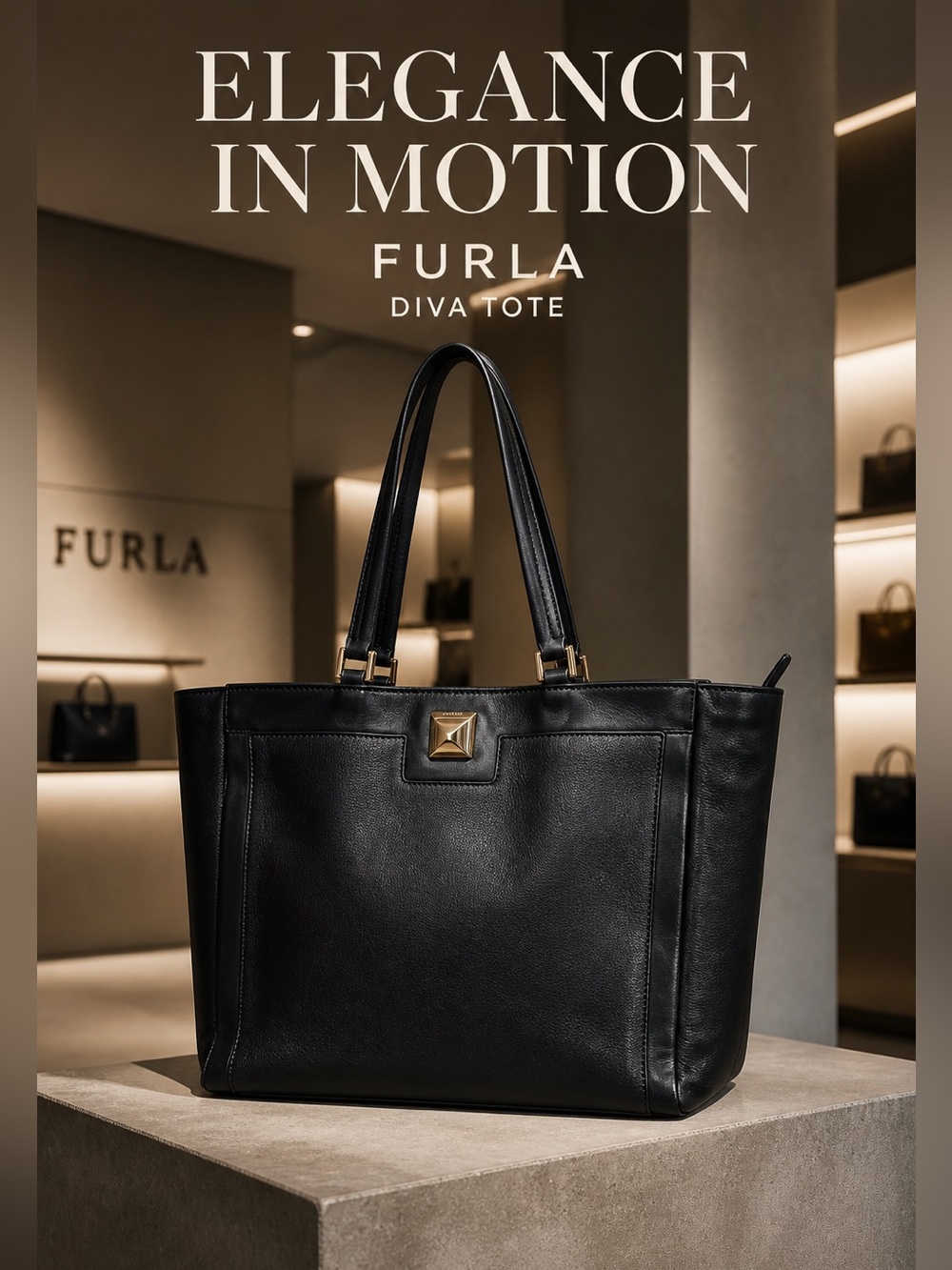 Furla Black Leather Tote with Gold Accent
